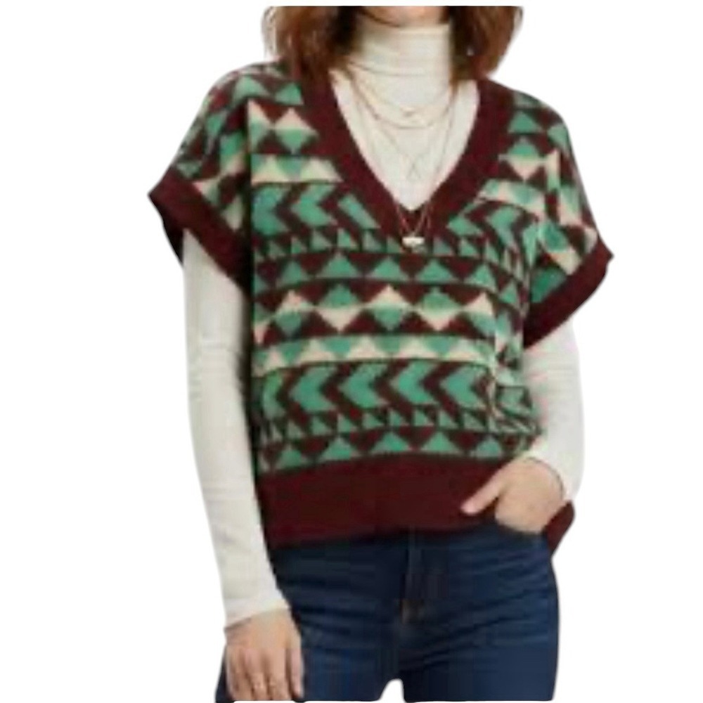 Free People Women's Sweater Size Large Multi Color Aztec Print V Neck Fuzzy Knit